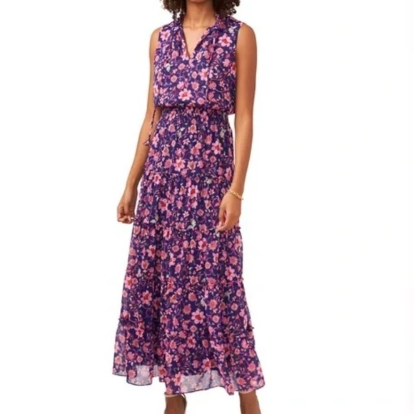 MSK Dresses & Skirts - MSK Sleeveless Tie Neck Tiered Maxi Dress Purple Floral Size 2X